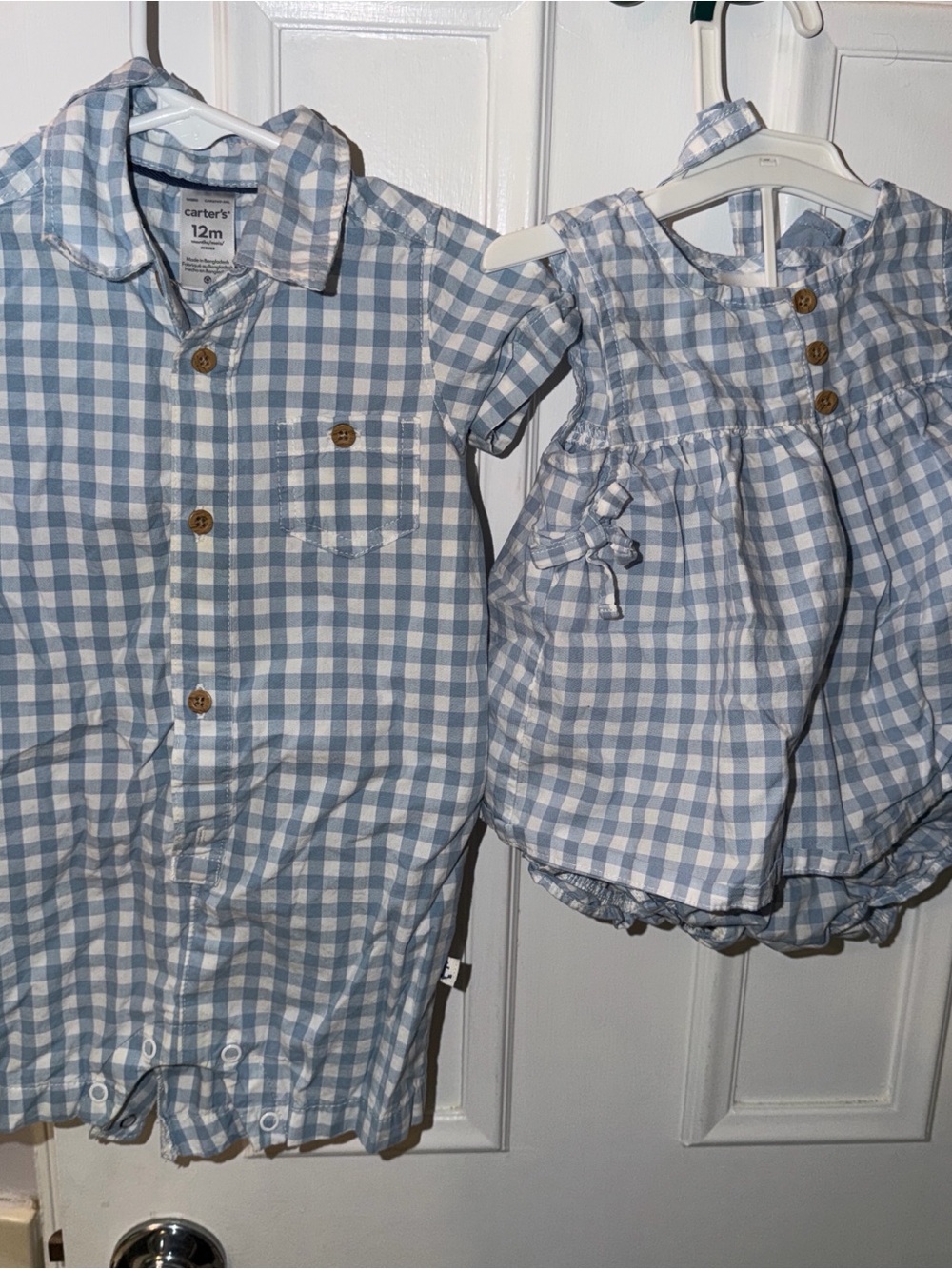 Baby boy and baby girl Light Blue & White Gingham dress and romper with hats